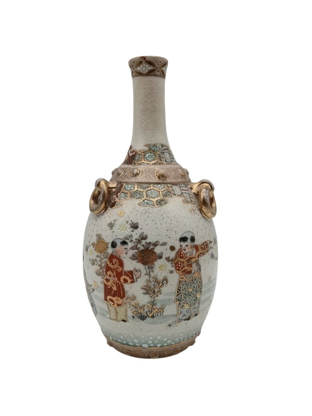 Antique Japanese Satsuma Vase Meiji Moriage Bottle Vase Hand Painted Figural 8"